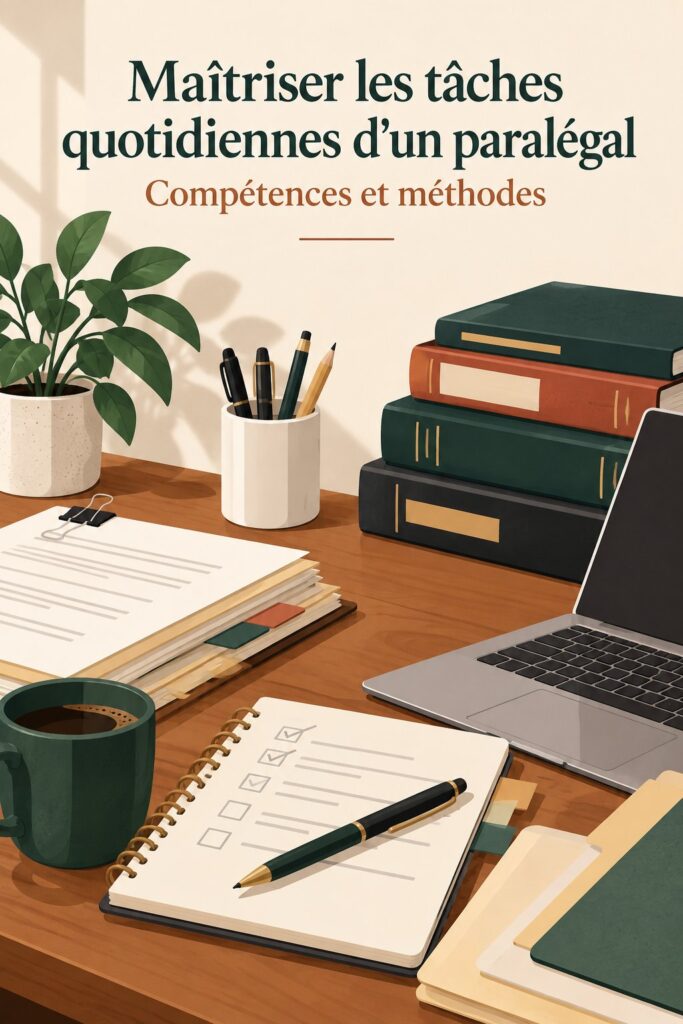 Image d'un bureau d'un paralégal bien organisé avec des documents et un ordinateur.