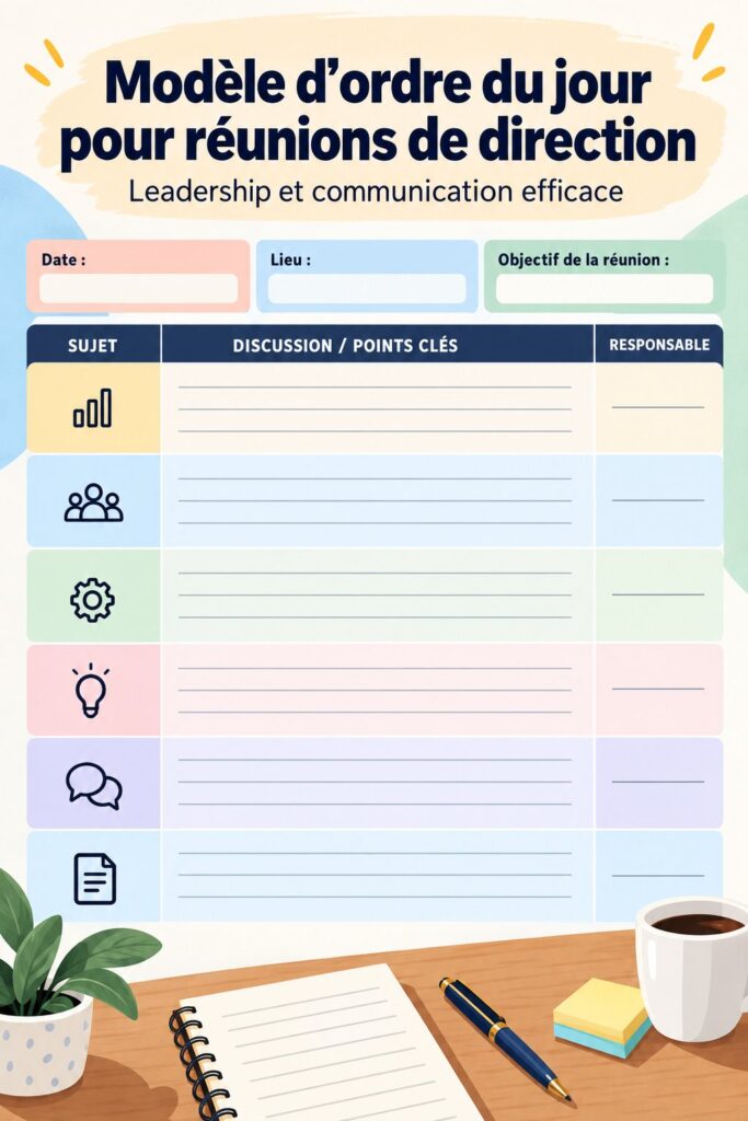 Modèle de réunion illustré avec des notes et un ordinateur, représentant l'organisation au travail