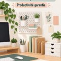 Un bureau moderne bien organisé avec une décoration apaisante et fonctionnelle.