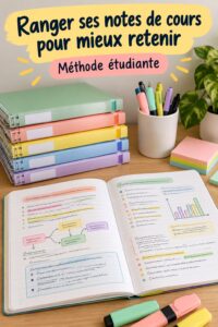 Un bureau avec des notes bien organisées et des fournitures scolaires, symbolisant une méthode de rangement efficace.