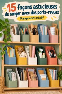 Porte-revues en bois décoratif dans un salon organisé
