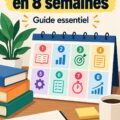 Illustration d'une femme en train d'étudier pour son GMAT avec des livres et un ordinateur