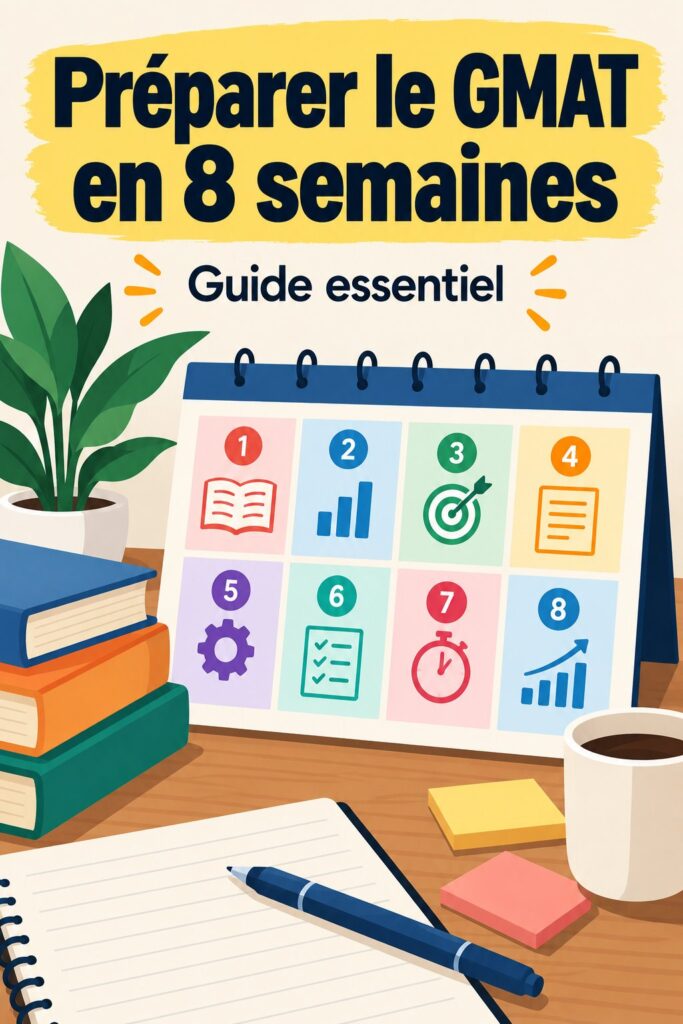 Illustration d'une femme en train d'étudier pour son GMAT avec des livres et un ordinateur