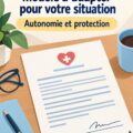 Illustration d'un modèle de procuration médicale sur un bureau avec des documents légaux.