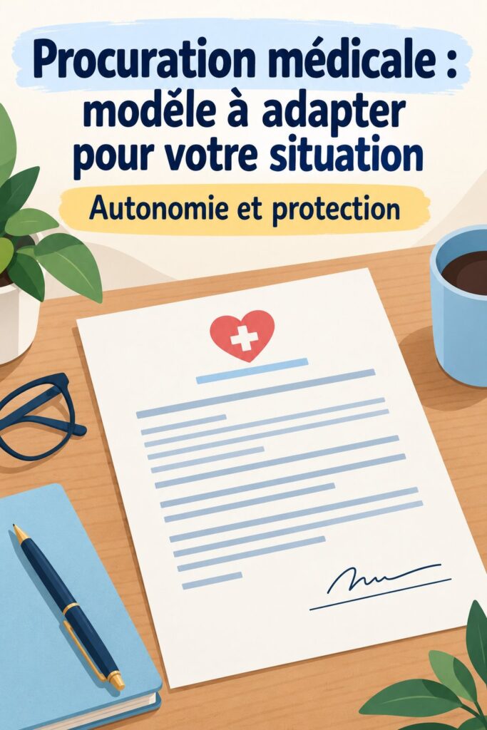 Illustration d'un modèle de procuration médicale sur un bureau avec des documents légaux.